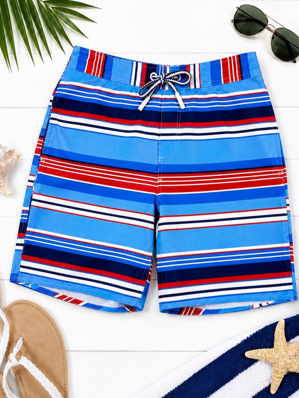 Johnnie-O Swim Trunks Medium Blue Red White Stripes Coastal Nautical